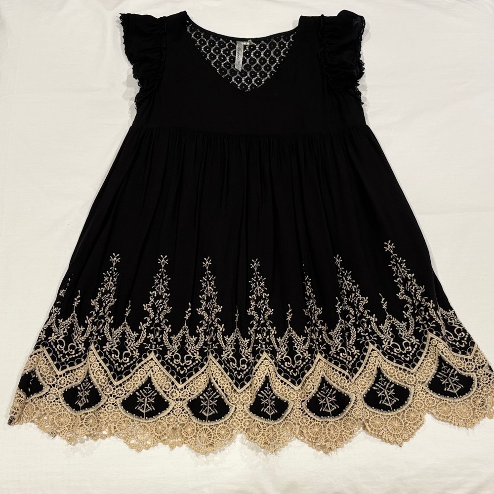 Andree Blue Black Circular Lace Overlay Baby Doll Dress